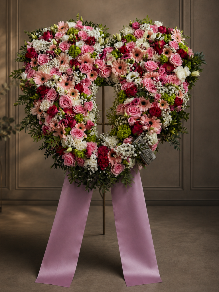 Plantula Amdeorf - Trauerfloristik Herzförmiger Blumengruß aus bunten Blumen, umrahmt von einem rosa Band.